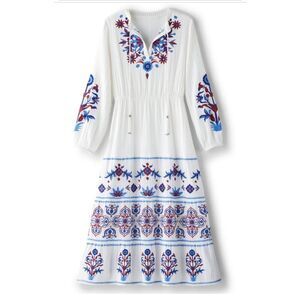 Soft Surroundings Sarnia Gauze Midi Dress| M | Embroidered Floral Red Blue Boho